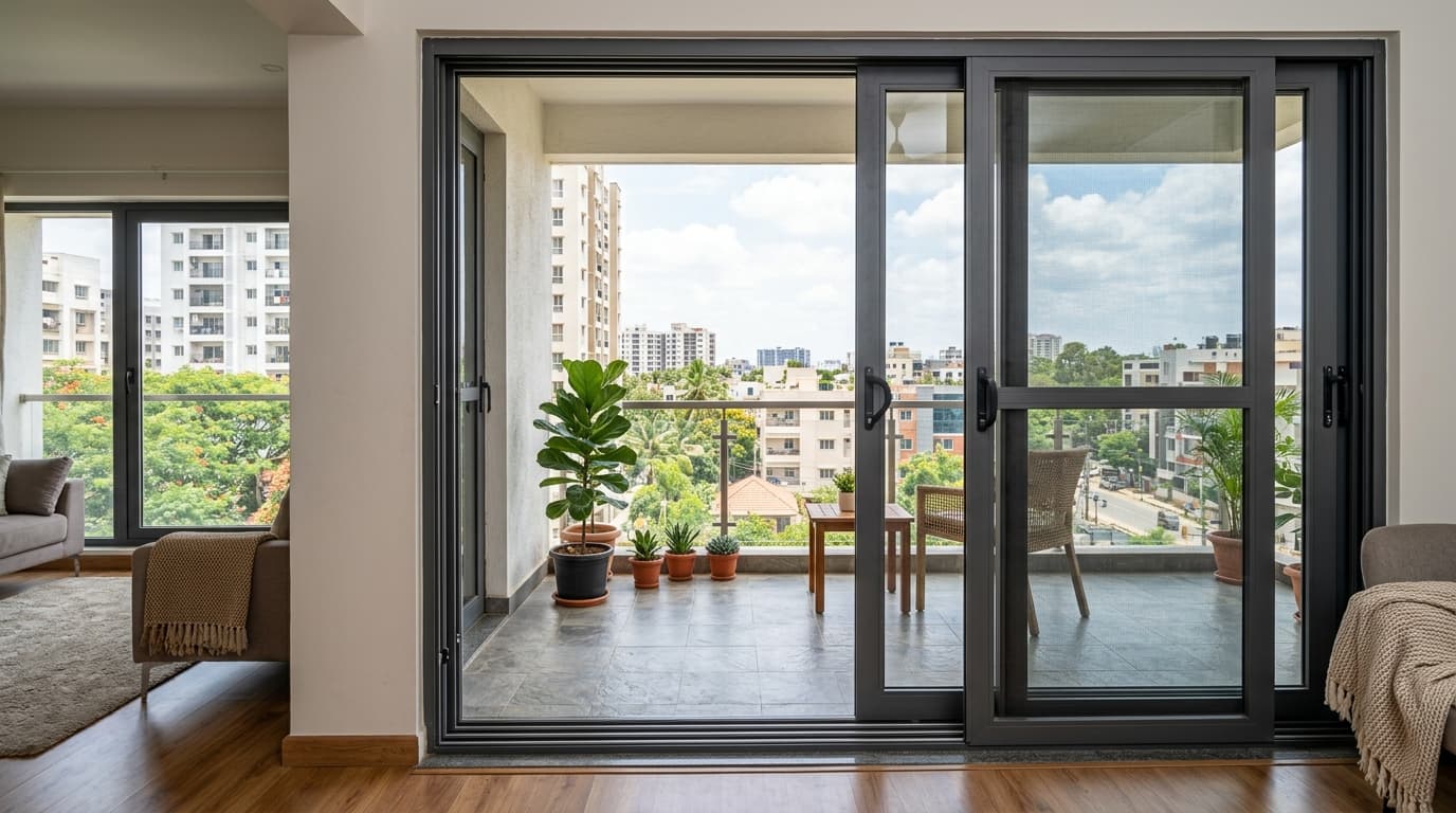 Aluminium sliding door with mosquito mesh on balcony