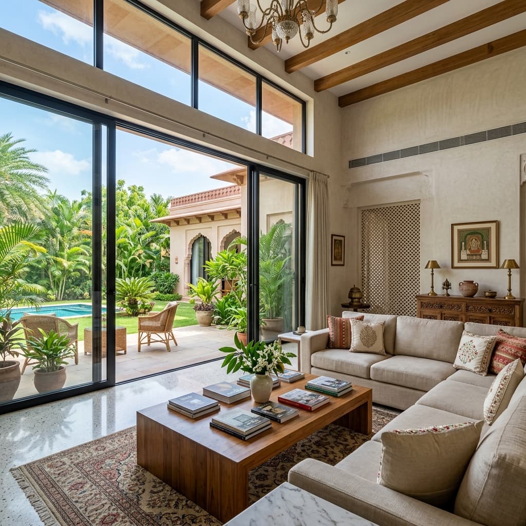 Floor to ceiling sliding glass windows in a modern villa