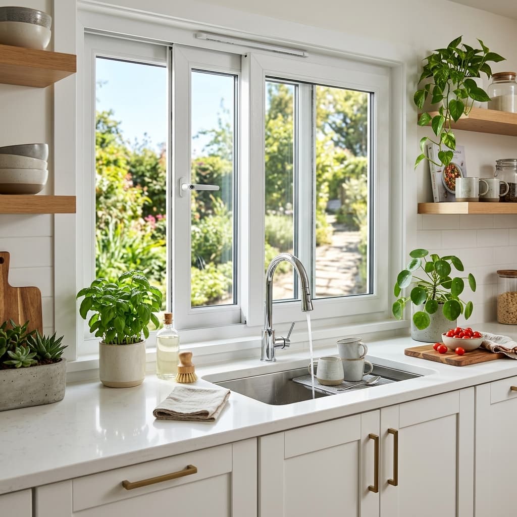 uPVC sliding windows above kitchen sink