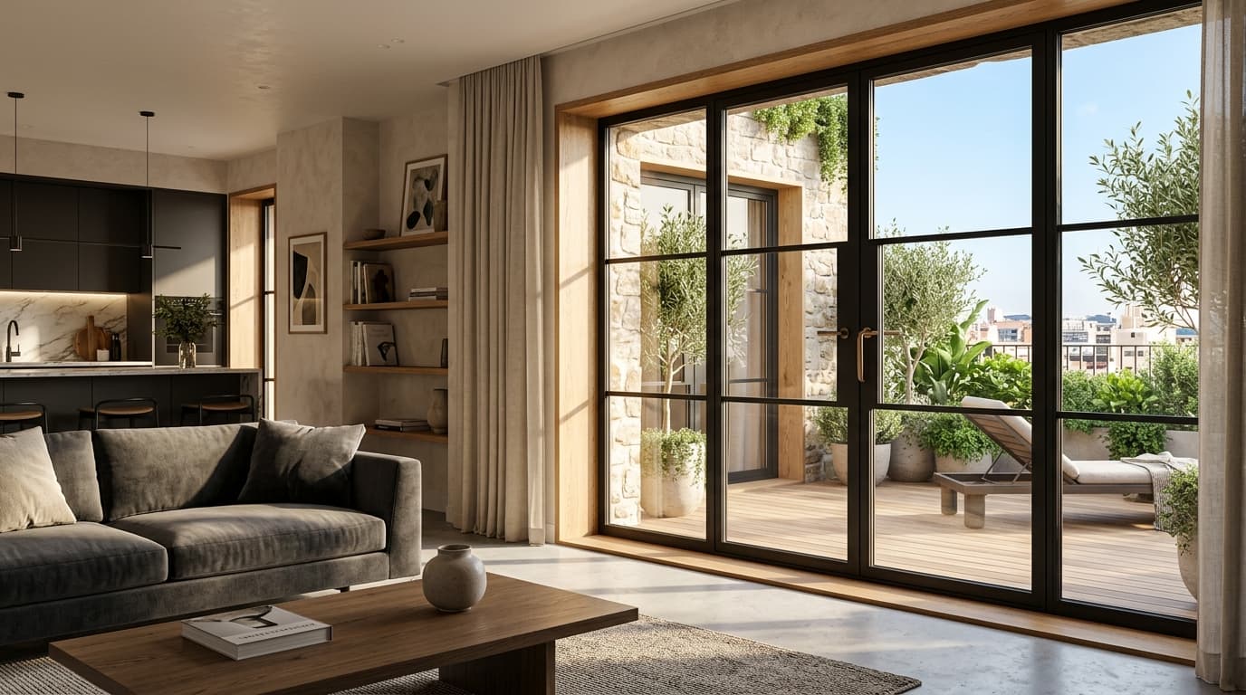 Slim profile aluminium glass doors in modern living room