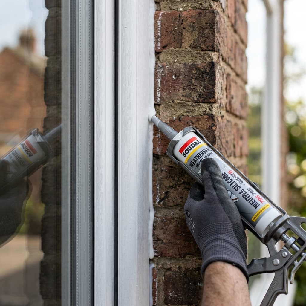 Applying external silicone sealant along uPVC window frame