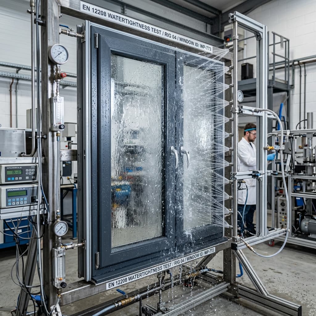 uPVC window EN 12208 laboratory watertightness testing