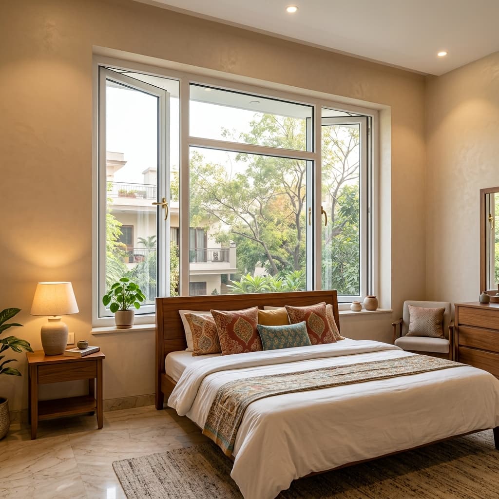 Premium white uPVC casement window installed in an apartment bedroom