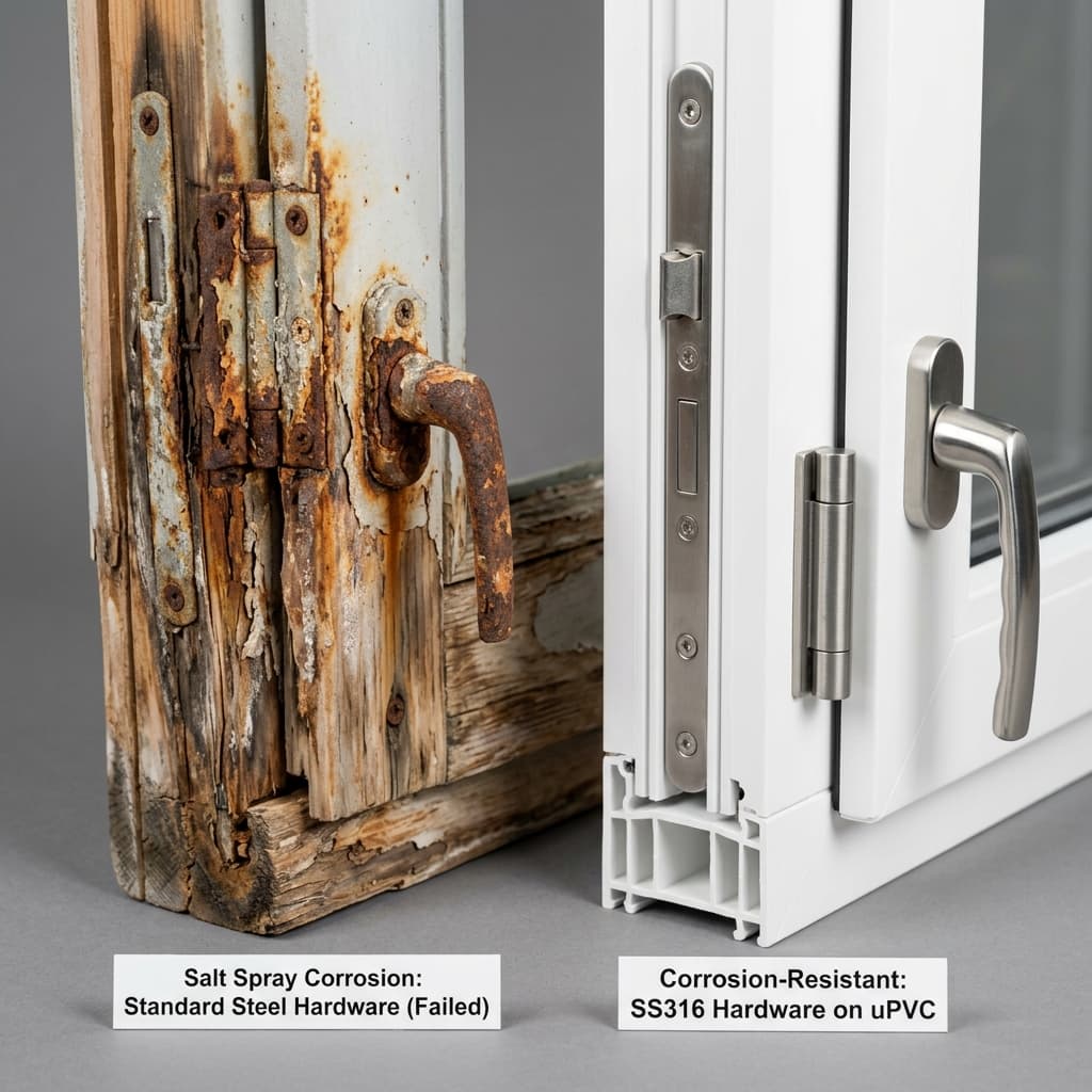 Salt spray corrosion comparison uPVC vs metal window