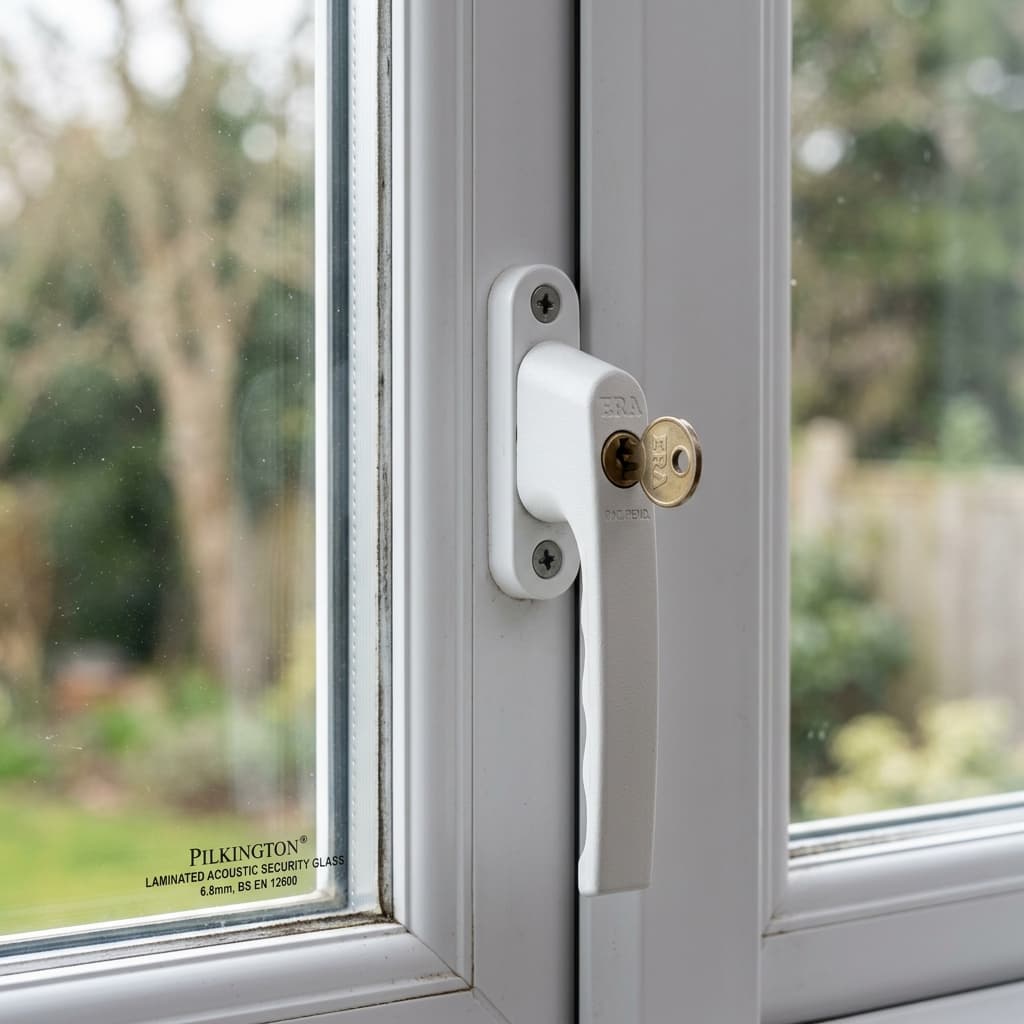Key-operated uPVC window handle with laminated security glass