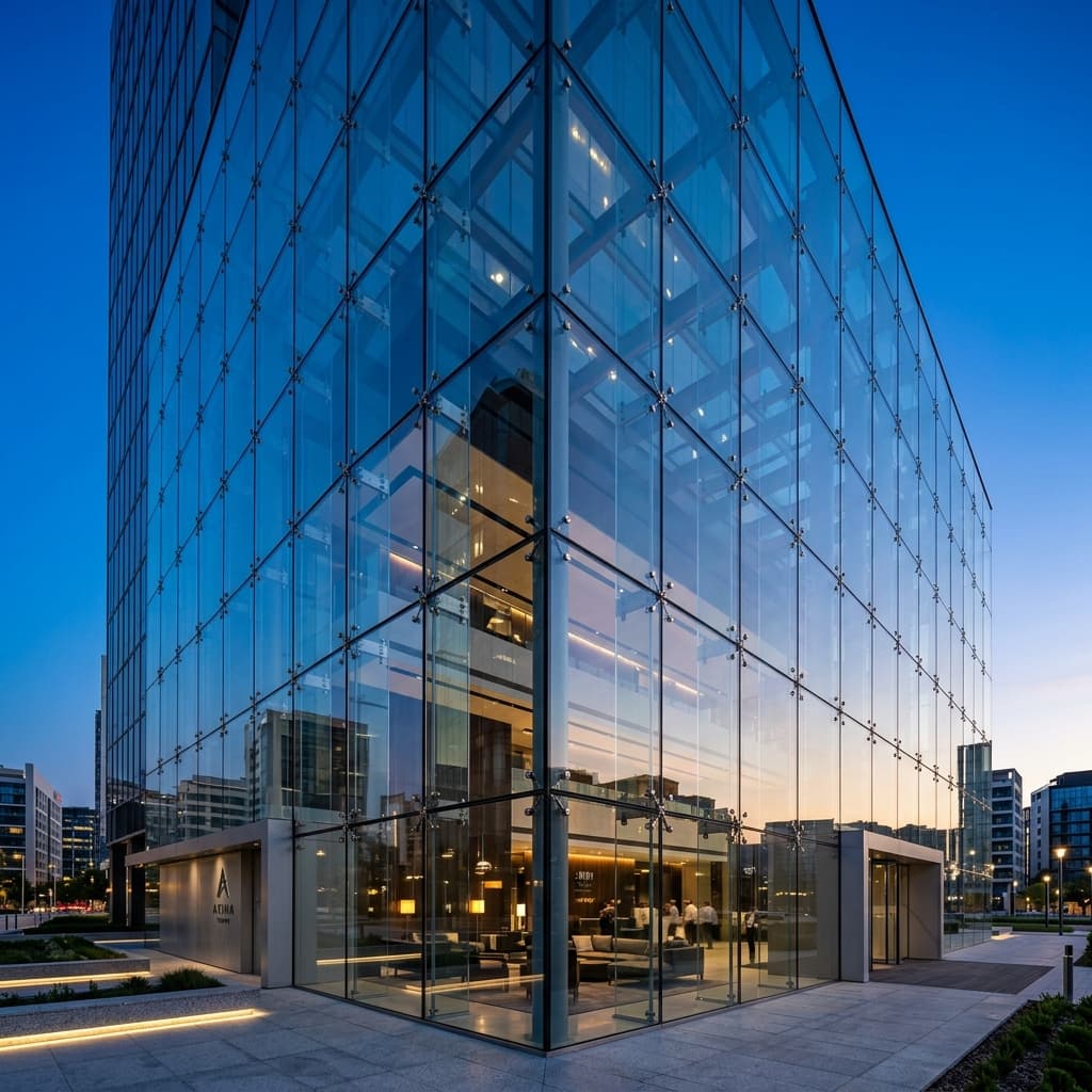 Towering structural glass wall glazing seamless facade