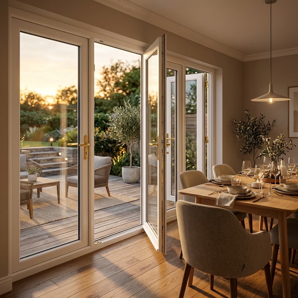 Elegant white uPVC French windows opening onto an outdoor deck