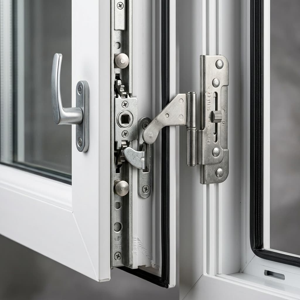 uPVC casement window multi-point lock and friction hinge