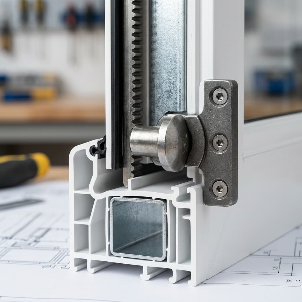 uPVC window multi-point lock and steel reinforcement cutaway