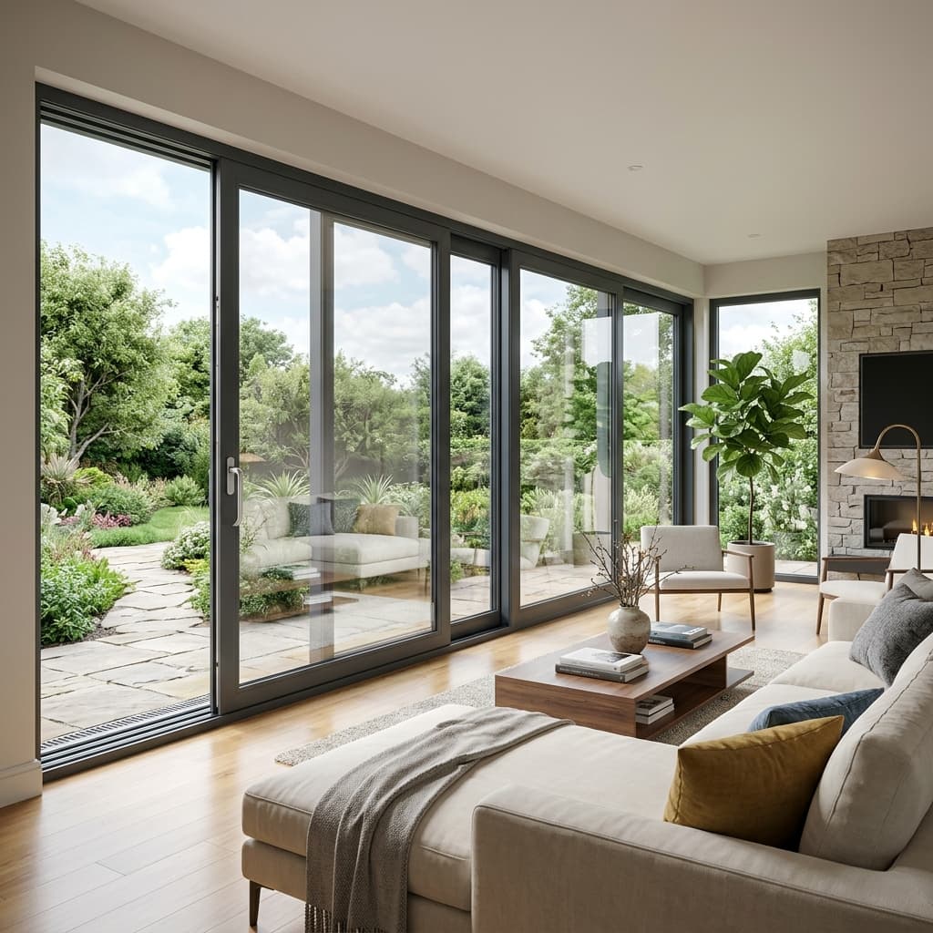 Multi-track uPVC sliding window system in a modern living room